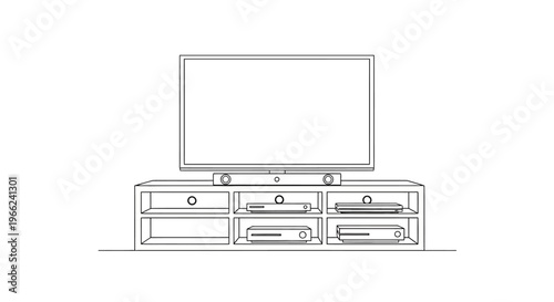 Modern Television Set on a Media Console with Entertainment Devices.
