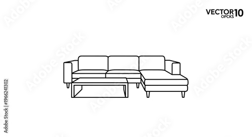 Modern Sectional Sofa and Coffee Table Line Art Illustration.