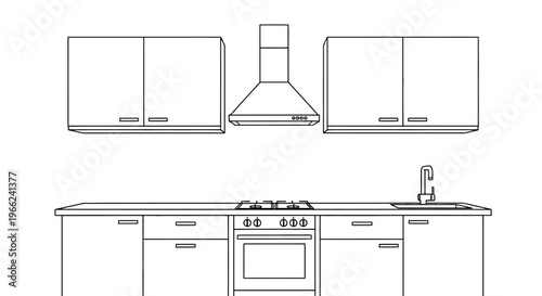 Outline drawing of a modern kitchen interior with cabinets, stove, oven, sink, and range hood.