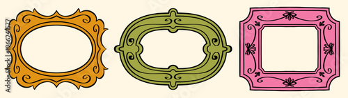 Set of vintage ornate frames in orange, green and pink with decorative borders and blank centers. Retro label collection with oval and square shapes for invitations, packaging, tags, cards and brandin