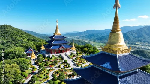 Aerial View of Buddhist Temple Complex.