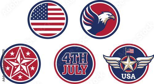 Five circular patriotic emblems featuring American flag motifs, an eagle, stars, and July fourth text are displayed against a white background.
