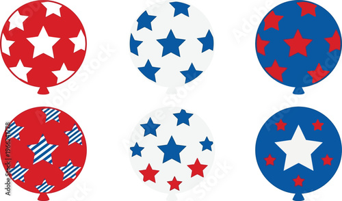 Six patriotic balloons featuring red, white, and blue star patterns are displayed against a white background for celebration graphics.