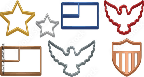 A set of seven different metallic cookie cutters shaped like stars, an American flag outline, an eagle, and a shield are displayed on a white background.