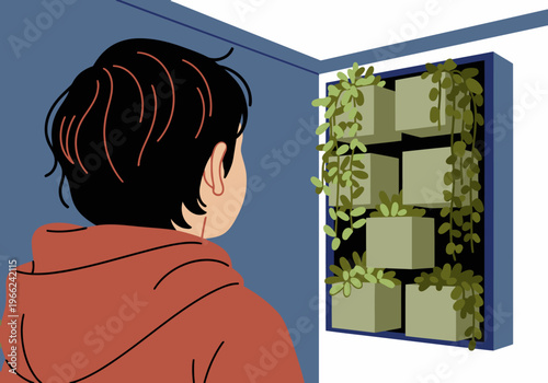 A young boy observes a vertical green wall in a modern interior. Biophilic design creates a calming, natural atmosphere. Illustration style.