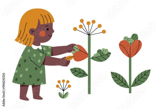 A cheerful girl explores a flower stem toy, engaging in nature-based learning. Bright colors and playful illustration style. Ideal for educational content.