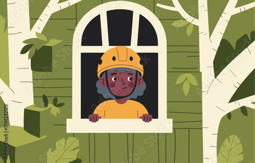 A child in a hard hat peers out a window of a treehouse, promoting safety and play. Bright colors and a playful illustration style.