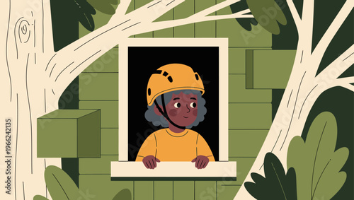 A child in a yellow helmet peers out a window of a treehouse, surrounded by green foliage. Illustrative style, promoting safety and play. Perfect for educational materials.