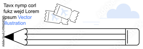 Creativity, travel, education, design, imagination, brainstorming. A pencil with flying tickets and a cloud in the background. Creativity and travel concepts