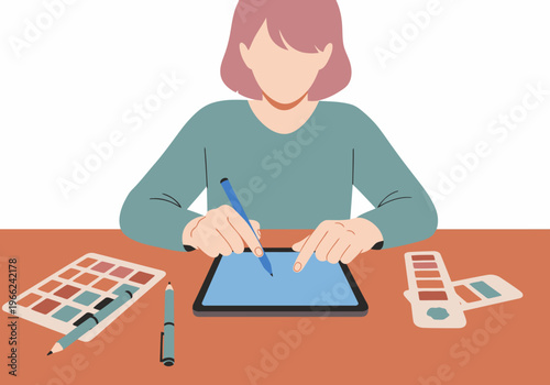 A creative woman works remotely on a tablet, designing with digital tools. Modern workspace, vibrant colors, and a focus on design. Suitable for remote job and creative concepts.