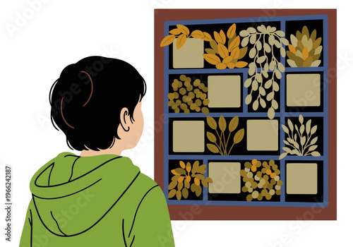 A child observes a biophilic interior design featuring a wall of plants. Warm colors and a focused perspective create a serene, inviting scene.