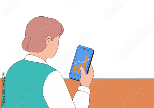 A diverse entrepreneur reviews a loan growth chart on their smartphone, showcasing upward financial progress. Modern, digital business concept.