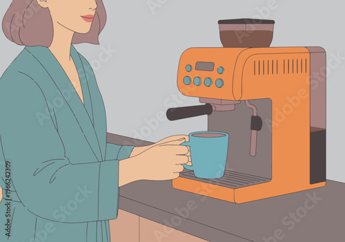 A woman enjoys a freshly brewed coffee in her kitchen, wearing a robe. The automated coffee machine is the focus, creating a cozy and inviting scene.