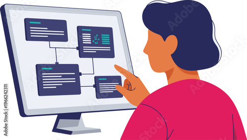 A woman examines blockchain loan data on a screen, highlighting secure verification. Modern digital illustration, clean design, professional focus.