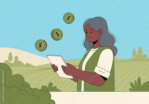 A smiling farmer reviews loan details on a tablet amidst a lush field. Represents agricultural success and digital finance. Modern, optimistic, and visually appealing.