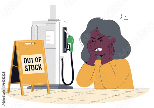 A frustrated woman stands before an ?Out of Stock? gas station sign, expressing distress.  Illustrative style, conveying a relatable fuel shortage scenario.