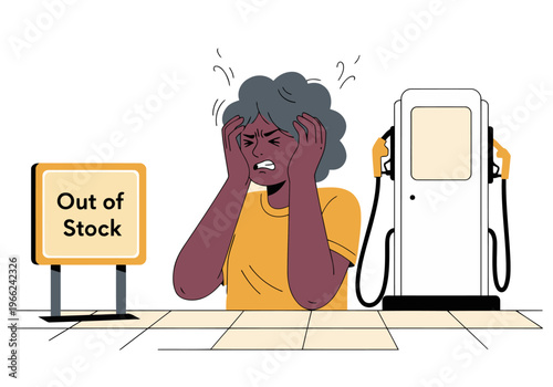 A frustrated woman clutches her head beside an ?Out of Stock? gas station sign, highlighting fuel shortage concerns. Bold, graphic style.