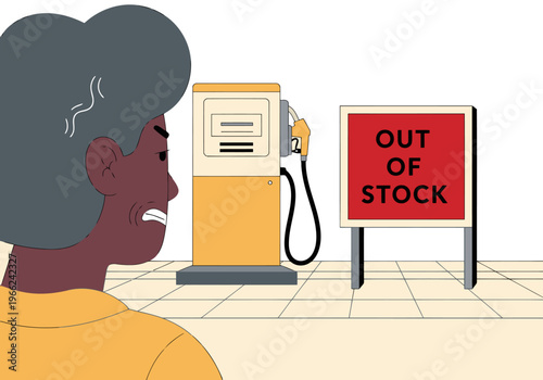 A frustrated woman stares at an ?Out of Stock? sign at a gas station. The scene conveys fuel shortage anxiety. Bold colors and clear composition.