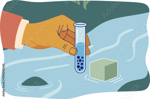 A hand collects water sample in a test tube near a stream.  Forest school water test illustration. Clear, educational graphic.