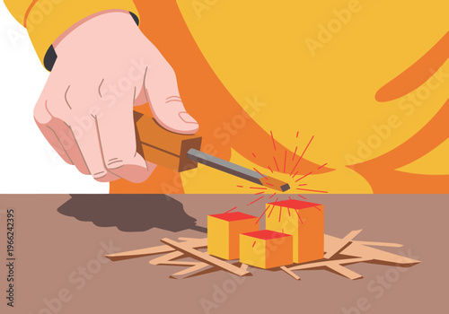 A hand sparks a fire starter, igniting wood shavings. Illustrative style, showcasing a focused action. Suitable for educational or safety content.