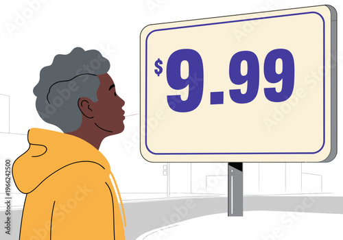 A man observes a 'Urban Fuel Scarcity' sign with a $9.99 price tag.  A stylish illustration depicting economic concerns. Modern, graphic style.
