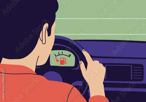 A man stares anxiously at an empty fuel gauge in his car's dashboard. The scene conveys a sense of urgency and low fuel. Modern illustration style.