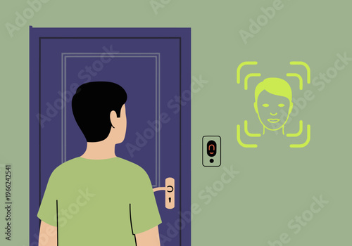 A man uses facial recognition to unlock a smart door. Modern home access technology. Clean, graphic illustration. Focus on security and convenience.