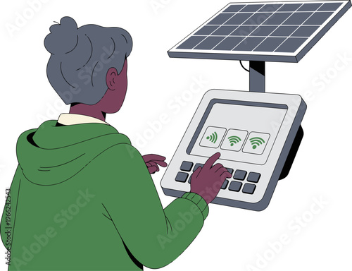 A mature woman interacts with a solar hub display, promoting rural finance. Modern, clean design with a focus on sustainable technology and community access. Bright, inviting.