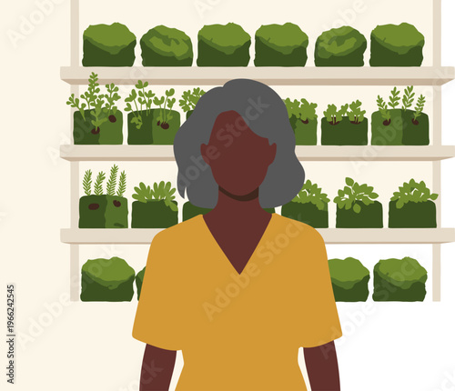 A mature woman proudly presents her vertical hydroponic lettuce farm in a kitchen setting. Bright, clean, and showcasing sustainable food production.