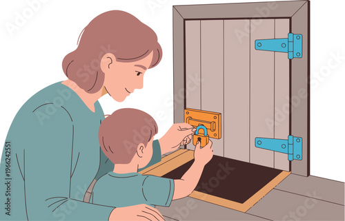 mother and child secure a treehouse trapdoor with a lock demonstrating safety Clear bright illustration highlights child-friendly design and parental supervision