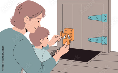 A mother teaches her child how to use a door lock safety device on a treehouse door. Warm, inviting scene showcasing family safety and learning.