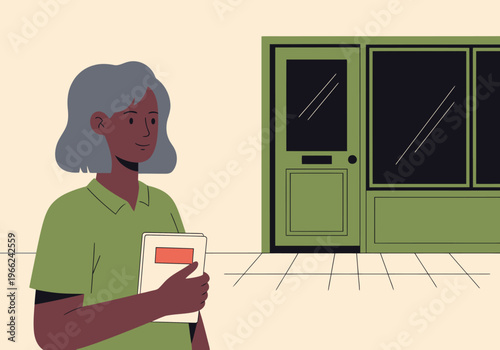 A mature woman reviews documents at a small business office door. She holds a tablet, conveying professionalism and financial support. Clean, modern style.