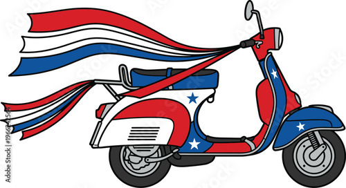 A vintage scooter is decorated in patriotic colors with stars and features a long red, white, and blue ribbon streaming from the handlebars.