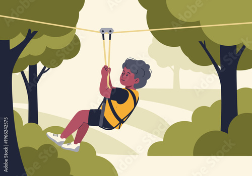 A young person enjoys a treetop zipline adventure, secured with a harness. Vibrant colors and a playful outdoor setting create a joyful image.