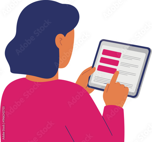 A woman reviews a digital loan receipt on a tablet. Modern, clean design. Focus on the screen and her interaction. Suitable for finance and technology themes.
