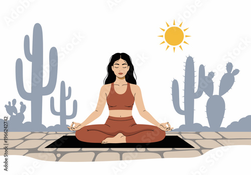 A serene woman meditates outdoors amidst desert cacti and a warm sun.  A calming yoga scene evokes wellness and tranquility.  Perfect for health & lifestyle visuals.