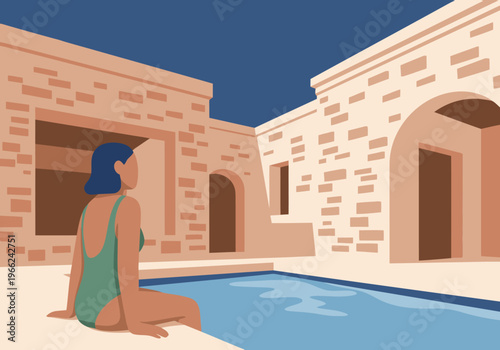 A serene woman relaxes poolside at a villa, enjoying a moment of tranquility. The warm colors and architectural details create a relaxing atmosphere. Perfect for lifestyle and travel visuals.
