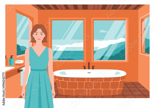 A woman stands in a luxurious bathroom with a stunning villa view. She wears a green dress, gazing out at the ocean. Modern, bright, and inviting.