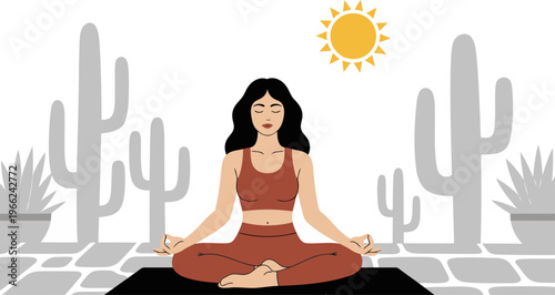 A serene woman meditates outdoors amidst desert cacti under a warm sun. Yoga Wellness Desert Villa promotes relaxation and wellbeing. A calming, stylish scene.