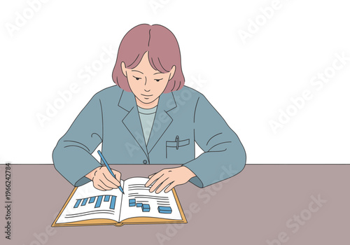 A young woman studies resource depletion science, focused on a textbook with a pen. She?s wearing a lab coat and appears concentrated. Clean, professional setting.