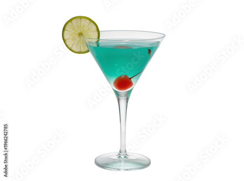 Фотография Isolated blue drink in elegant martini glass with lime slice and maraschino cher