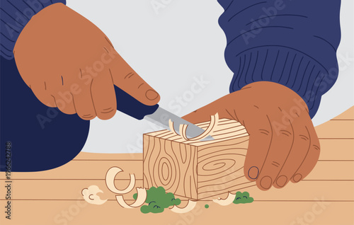 A skilled artisan carves a forest whittling wood with a knife. Detailed wood grain and focused hands showcase a traditional craft. Clean, modern illustration.