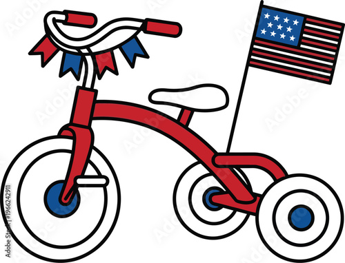 A classic red tricycle adorned with a small American flag and patriotic pennant banner sits isolated on a white background.