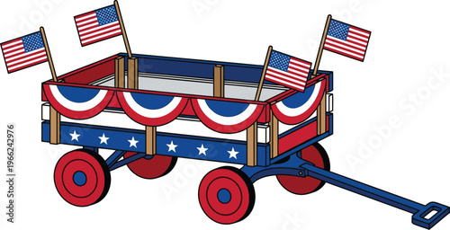 A wooden wagon decorated with American flags and patriotic bunting sits ready for a holiday parade.
