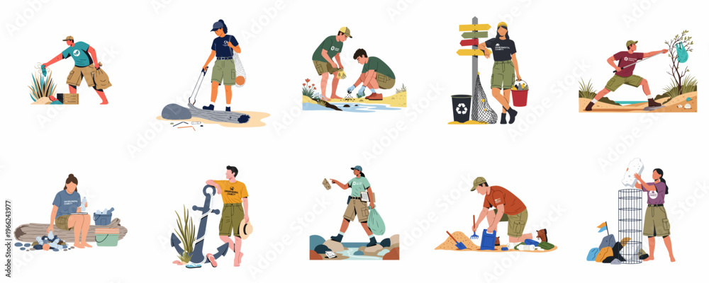 Fototapeta premium Illustrations of diverse environmental volunteers performing beach cleanup tasks like picking up plastic litter, sorting trash, and monitoring pollution to protect coastal ecosystems.