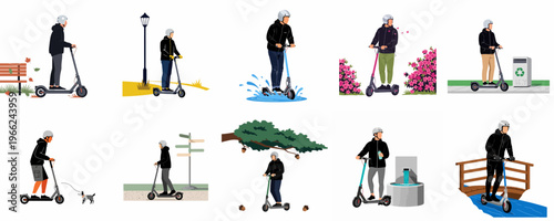 Flat vector illustration set of a young man wearing a helmet and riding an electric kick scooter in different outdoor park environments.