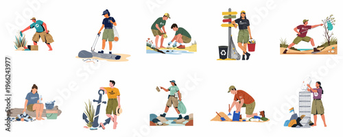 Illustrations of diverse environmental volunteers performing beach cleanup tasks like picking up plastic litter, sorting trash, and monitoring pollution to protect coastal ecosystems.