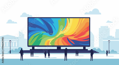 People watching a colorful abstract display on a large outdoor screen in a modern city plaza vector illustration