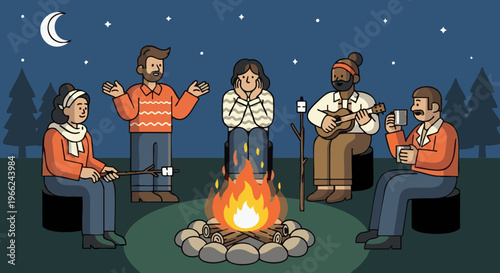 Diverse friends sharing stories and music around a campfire at night. Vector illustration