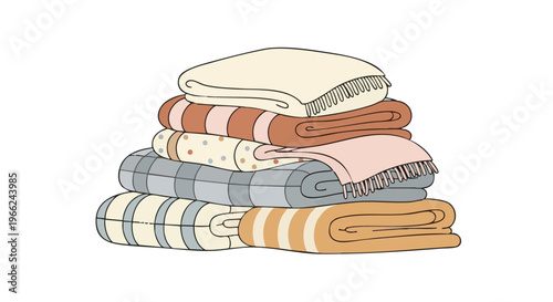 Cozy stack of folded blankets. Hand drawn vector illustration of home comfort, warmth, and hygge concept